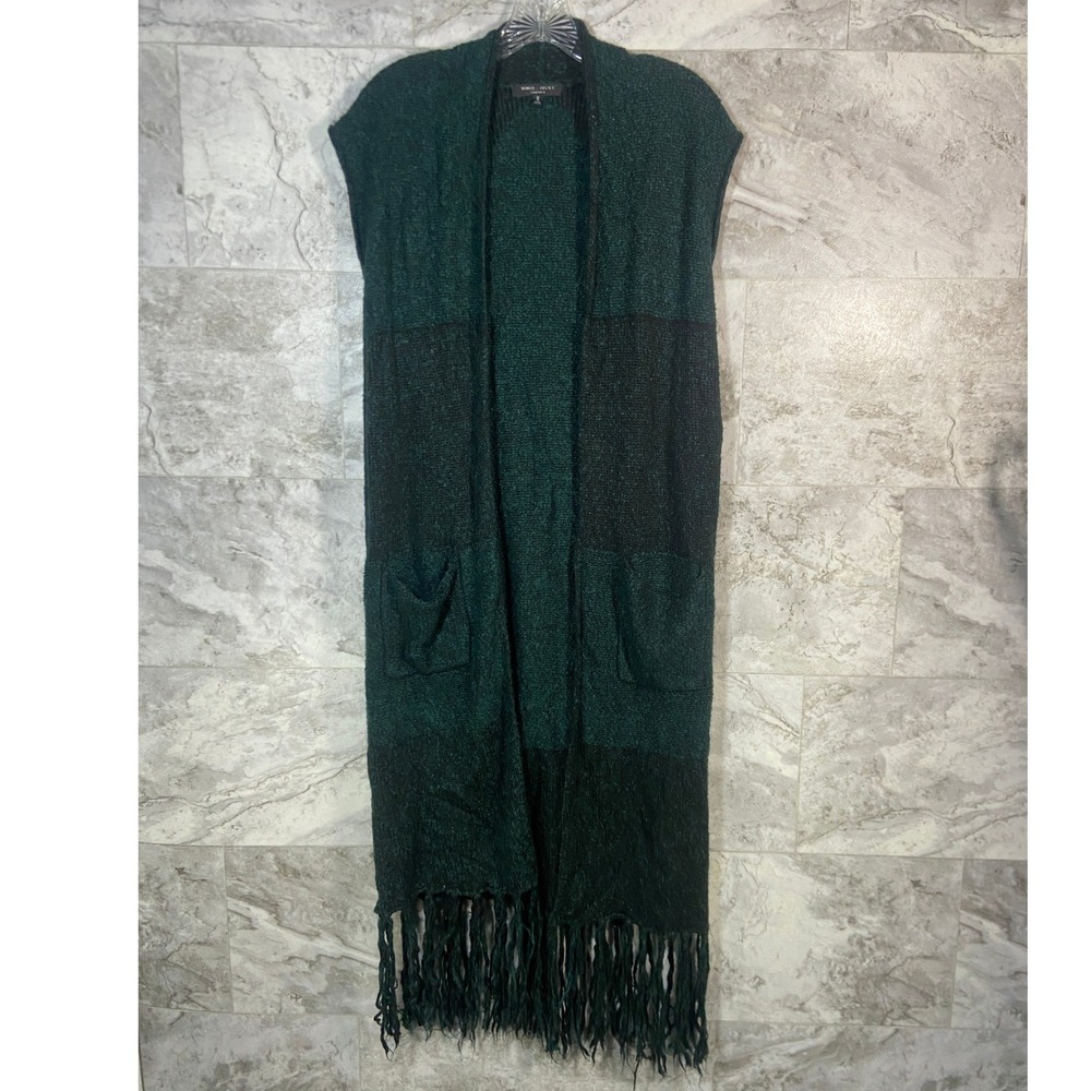 Romeo‎ Juliet Couture Long Fringe Cardigan Sweater Vest Dark Green Black Size S